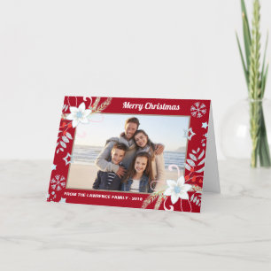 Floral Glitter Snowflakes Red Christmas Photo Holiday Card