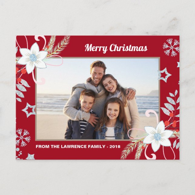 Floral Glitter Snowflakes Red Christmas Photo Holiday Postcard (Front)