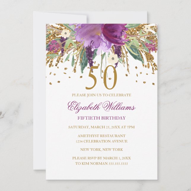 Floral Glitter Sparkling Amethyst 50th Birthday Invitation (Front)