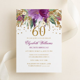 Floral Glitter Sparkling Amethyst 60th Birthday Invitation