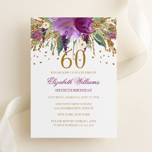 Floral Glitter Sparkling Amethyst 60th Birthday Invitation (Creator Uploaded)