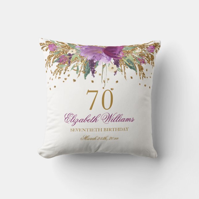 Floral Glitter Sparkling Amethyst 70th Birthday Cushion (Front)