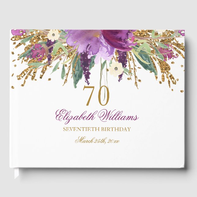 Floral Glitter Sparkling Amethyst 70th Birthday Guest Book (Front)