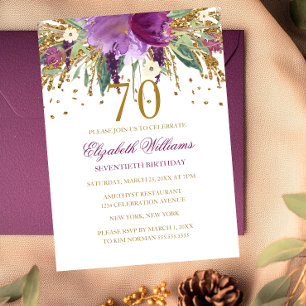 Floral Glitter Sparkling Amethyst 70th Birthday Invitation