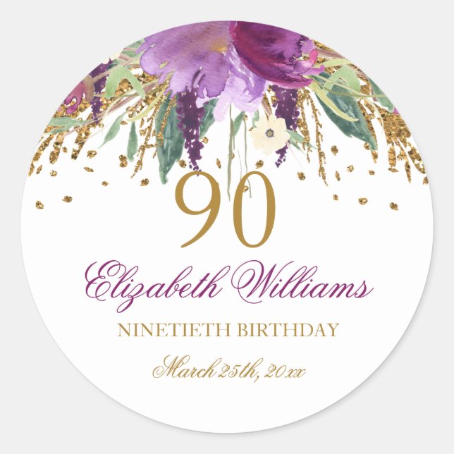 Floral Glitter Sparkling Amethyst 90th Birthday Classic Round Sticker (Front)