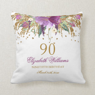 Floral Glitter Sparkling Amethyst 90th Birthday Cushion