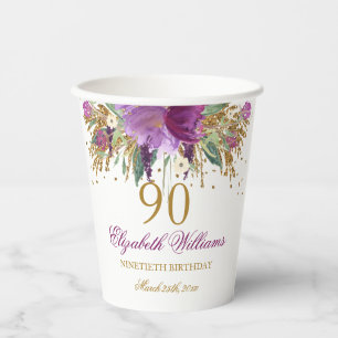 Floral Glitter Sparkling Amethyst 90th Birthday  Paper Cups