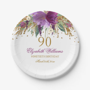 Floral Glitter Sparkling Amethyst 90th Birthday Paper Plate