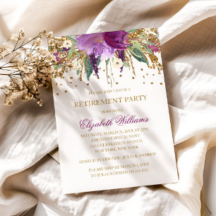Floral Glitter Sparkling Amethyst Retirement Party Invitation