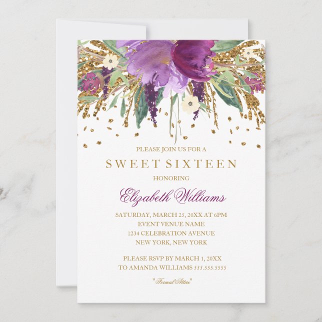Floral Glitter Sparkling Amethyst Sweet 16 Invite (Front)