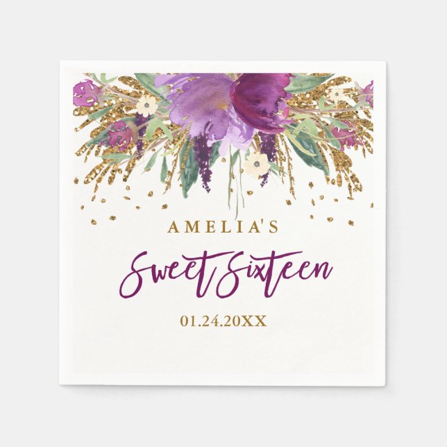 Floral Glitter Sparkling Amethyst Sweet 16 Napkin (Front)