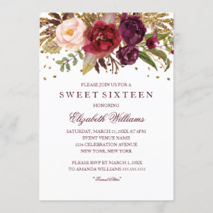 Floral Glitter Sparkling Burgundy Sweet Sixteen Invitation