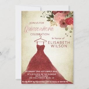 Floral glittery burgundy dress Quinceañera  Invita Invitation