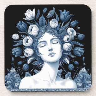 Floral Goddess – Elegant Blue Botanical Art Coaster
