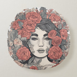 Floral Goddess  – Elegant Woman with Roses Round Cushion