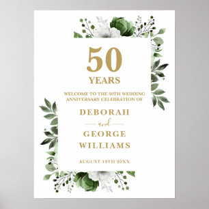 Floral Gold 50th Wedding Anniversary Welcome Sign