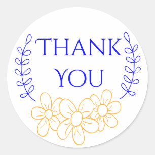 Floral Gold And Blue Thank You Flower Wreath Classic Round Sticker