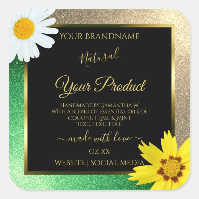 Floral Gold and Green Glitter Black Product Labels (Front)