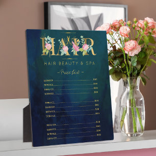 Floral gold and navy hair salon services list plaque
