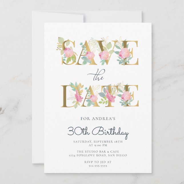Floral Gold and Pink Letters Birthday Invitation (Front)