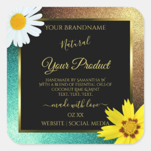 Floral Gold and Teal Glitter Black Product Labels