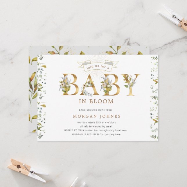 floral gold baby in bloom shower invitation (Front/Back In Situ)