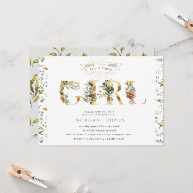 floral gold baby shower it's a girl invitation (Front/Back In Situ)