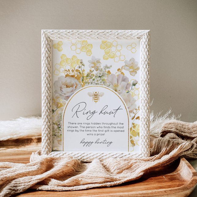 Floral gold bee ring hunt bridal shower game poster (Creator Uploaded)