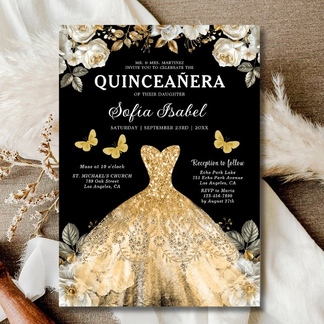 Floral Gold Bilingual Spanish Quinceanera Invitation (Creator Uploaded)