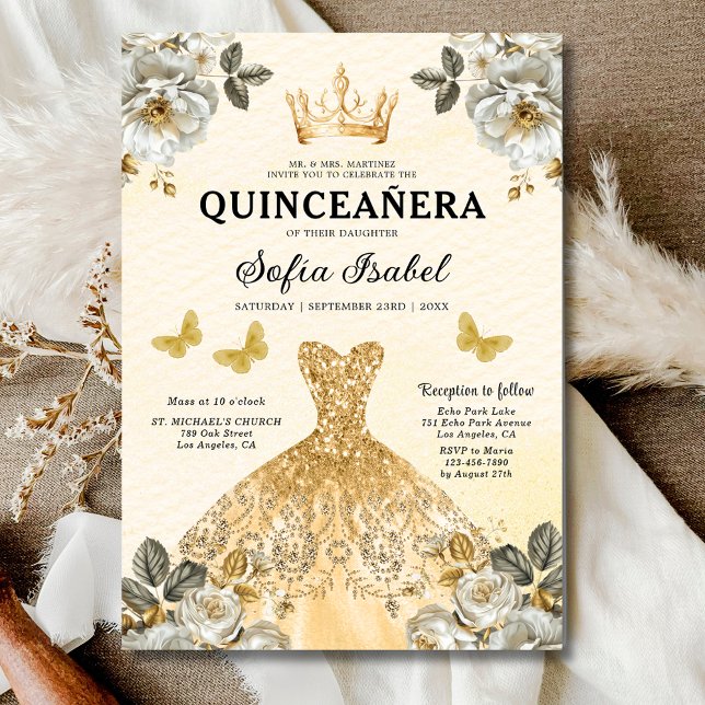 Floral Gold Bilingual Spanish Quinceanera Invitation (Creator Uploaded)