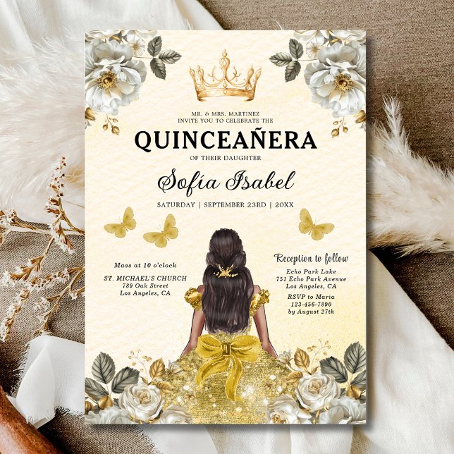 Floral Gold Bilingual Spanish Quinceanera Invitation (Creator Uploaded)