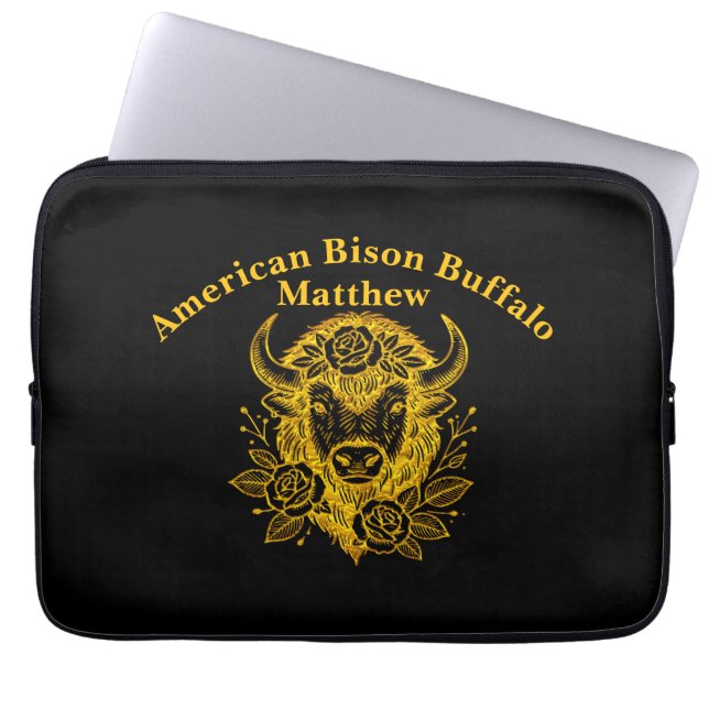 Floral Gold Bison Head Decor Laptop Sleeve (Front)
