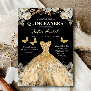 Floral Gold Black Butterfly Princess Quinceanera