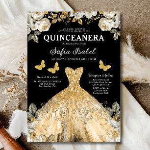 Floral Gold Black Butterfly Princess Quinceanera Invitation