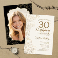 Floral Gold Black Photo 30th Birthday Party