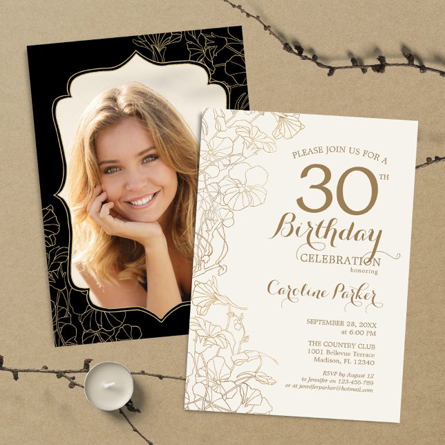Floral Gold Black Photo 30th Birthday Party Invitation (Creator Uploaded)
