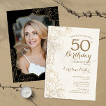 Floral Gold Black Photo 50th Birthday Party Invitation<br><div class="desc">Floral Black Gold Photo 50th Birthday Party Invitation. Minimalist modern design featuring botanical outline drawings accents and typography script font. Simple trendy invite card perfect for a stylish female bday celebration. Can be customised to any age. Printed Zazzle invitations or instant download digital printable template.</div>