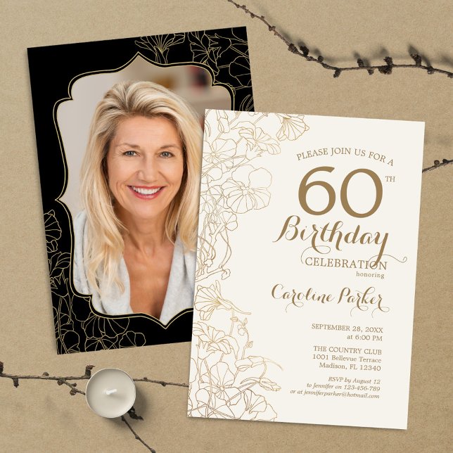 Floral Gold Black Photo 60th Birthday Party Invitation (Creator Uploaded)