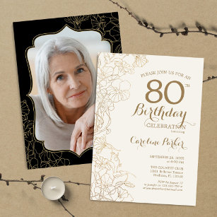 Floral Gold Black Photo 80th Birthday Party Invitation