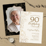 Floral Gold Black Photo 90th Birthday Party Invitation<br><div class="desc">Floral Black Gold Photo 90th Birthday Party Invitation. Minimalist modern design featuring botanical outline drawings accents and typography script font. Simple trendy invite card perfect for a stylish female bday celebration. Can be customised to any age. Printed Zazzle invitations or instant download digital printable template.</div>