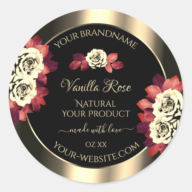 Floral Gold Black Product Labels Red Cream Roses (Front)