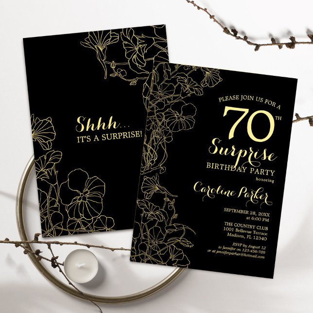 Floral Gold Black Surprise 70th Birthday Party Invitation (Creator Uploaded)