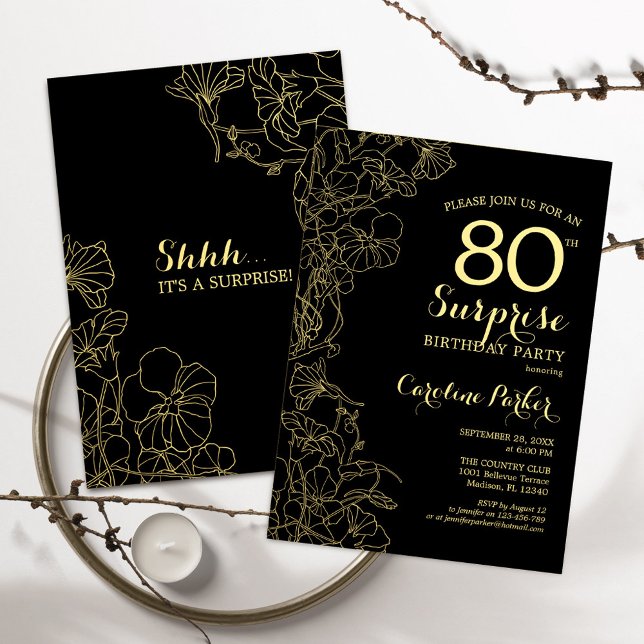 Floral Gold Black Surprise 80th Birthday Party Invitation (Creator Uploaded)