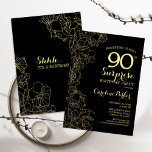 Floral Gold Black Surprise 90th Birthday Party Invitation<br><div class="desc">Floral Gold Black Surprise 90th Birthday Party Invitation. Minimalist modern design featuring botanical accents and typography script font. Simple floral invite card perfect for a stylish female surprise bday celebration. Can be customised to any age.</div>