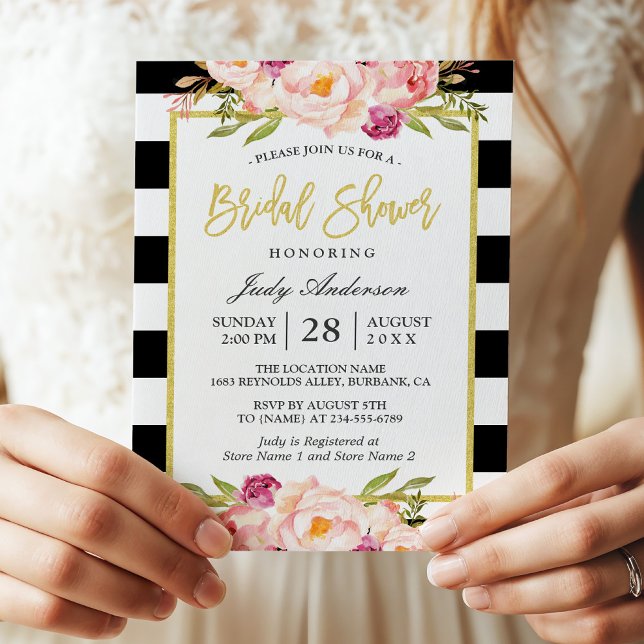 Floral Gold Black White Stripes Bridal Shower Invitation (Creator Uploaded)