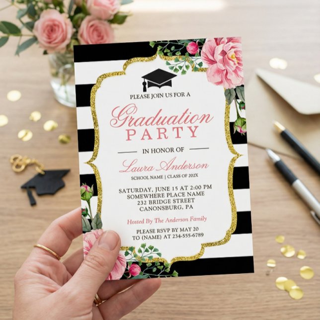 Floral Gold Black White Stripes Graduation Party Invitation (Creator Uploaded)