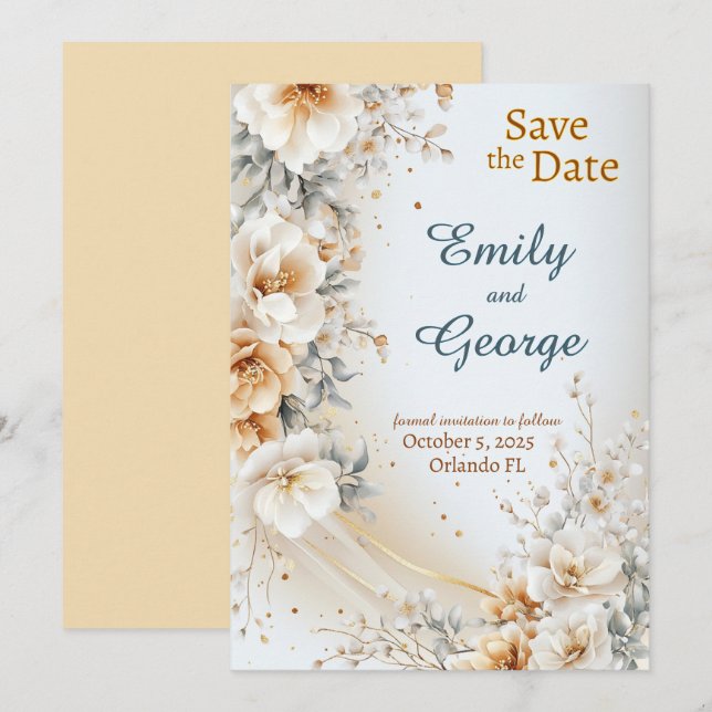 Floral Gold Bliss Save the Date Wedding Invitation (Front/Back)