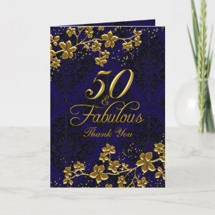 Floral Gold Blue 50 & Fabulous Thank You Card