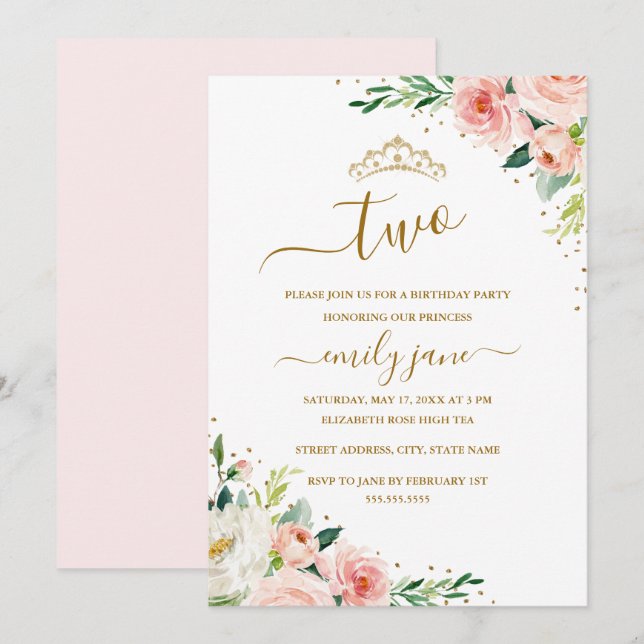 Floral Gold Blush Girl 2nd Birthday Party Invitation (Front/Back)