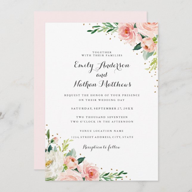 Floral Gold Blush Wedding Invitation (Front/Back)